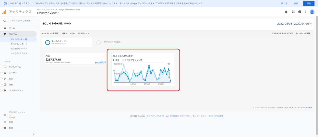 マイレポートに収益とトランザクション数の推移が表示される